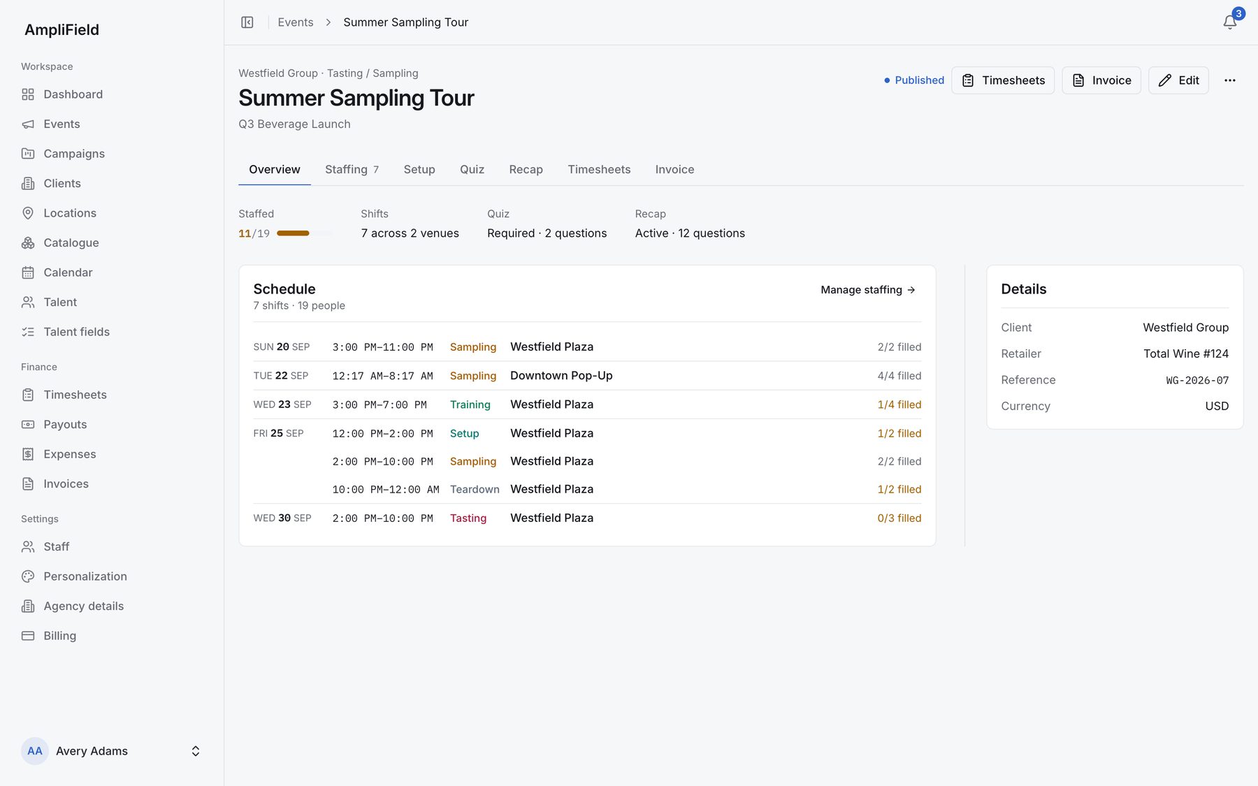 An Amplifield event overview with its schedule, staffing and details