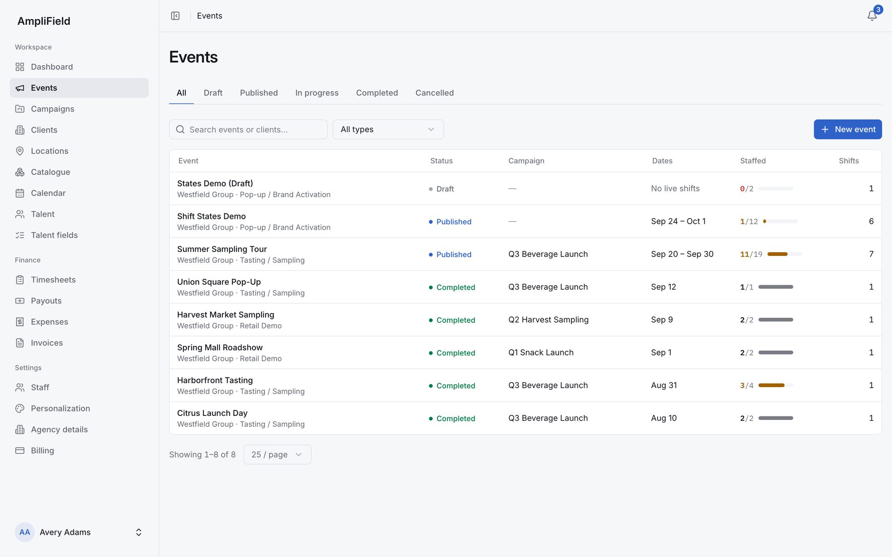 The Amplifield events list with status, campaign, dates and staffing progress per event