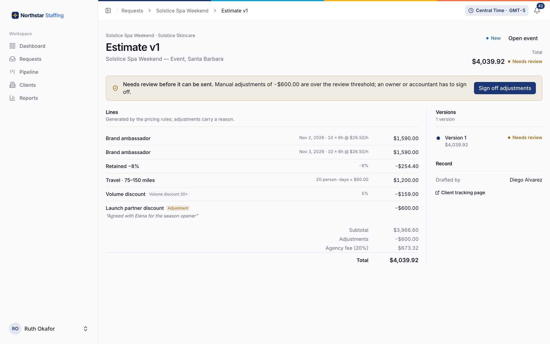 An ExperientialOps estimate with lines generated by pricing rules