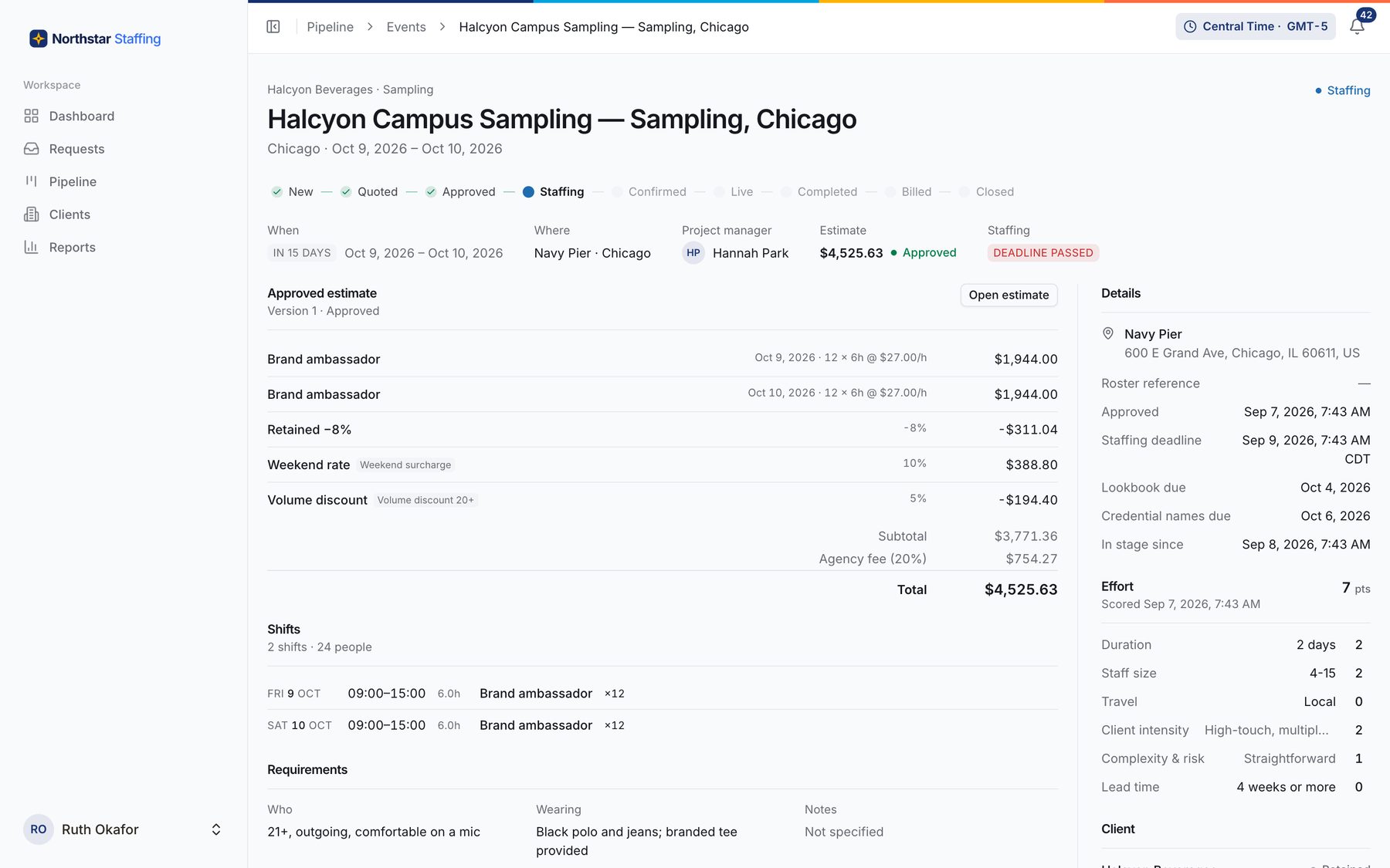 An ExperientialOps event page with its stage strip, shifts, client and activity timeline